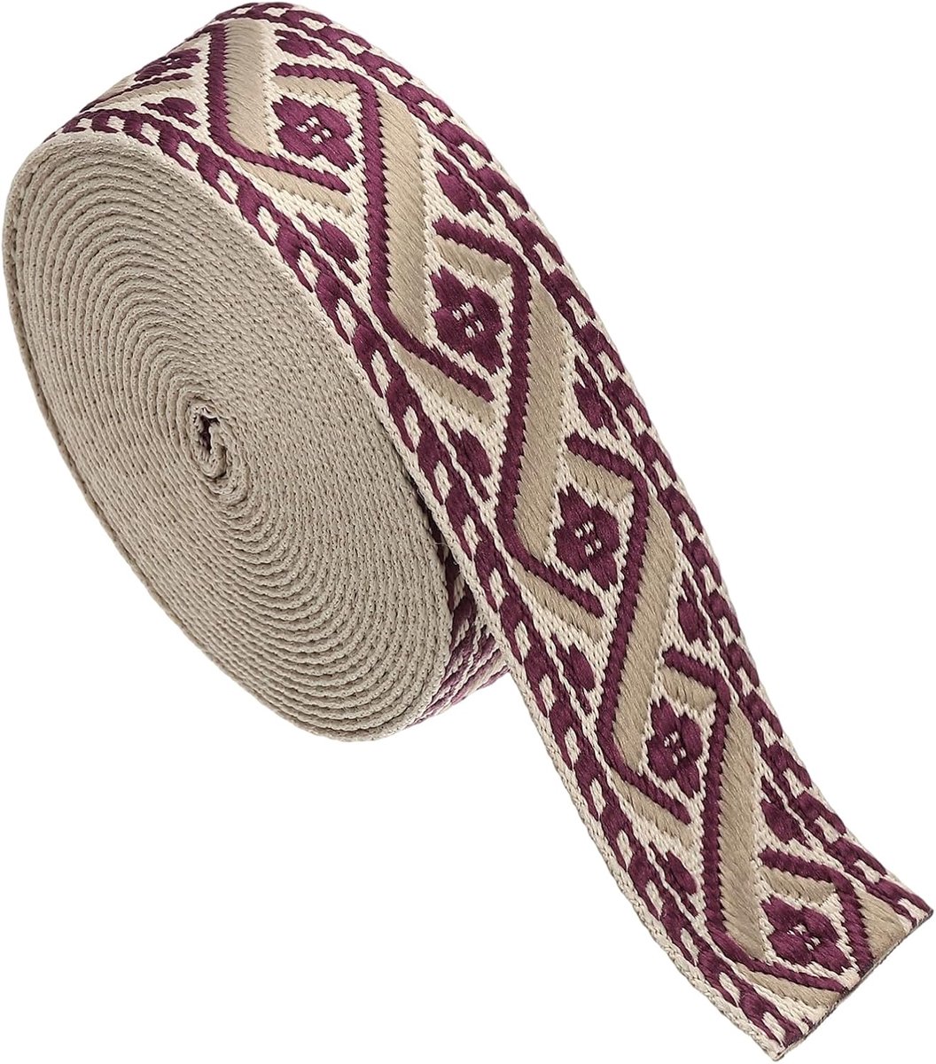 Katoenen weefselband, 50 mm, jacquardband, polyesterband voor borduurwerk, handtassen, kleding, crèmekleurig, wijnrood