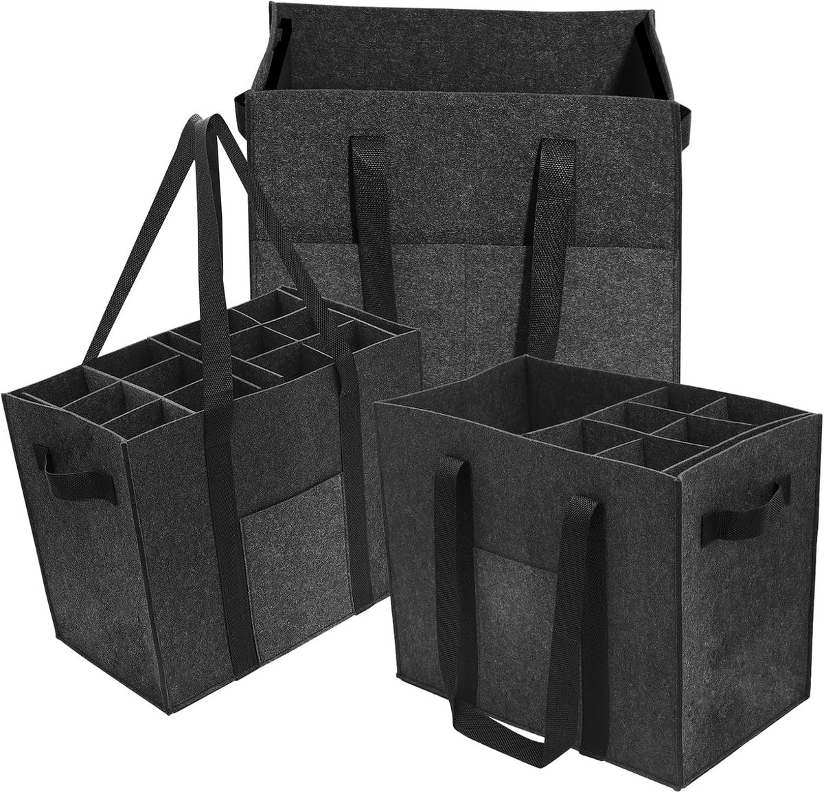boodschappentas, set van 3 vilten tassen, groot, opvouwbare draagtassen met 2 flessenvakken voor winkelen, uitstapjes, picknick en opslag