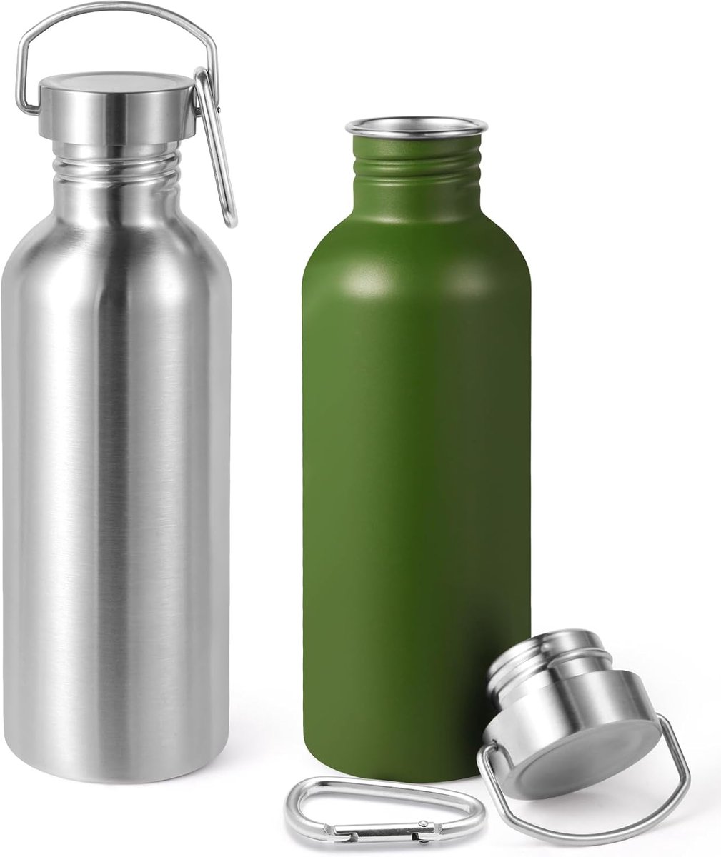 1000 ml ongeïsoleerde enkelwandige waterflessen 2 stuks, roestvrijstalen sportwaterfles met handvat en karabijnhaak, BPA-vrije lichtgewicht waterflessen voor wandelen, hardlopen (Mix Color,2)