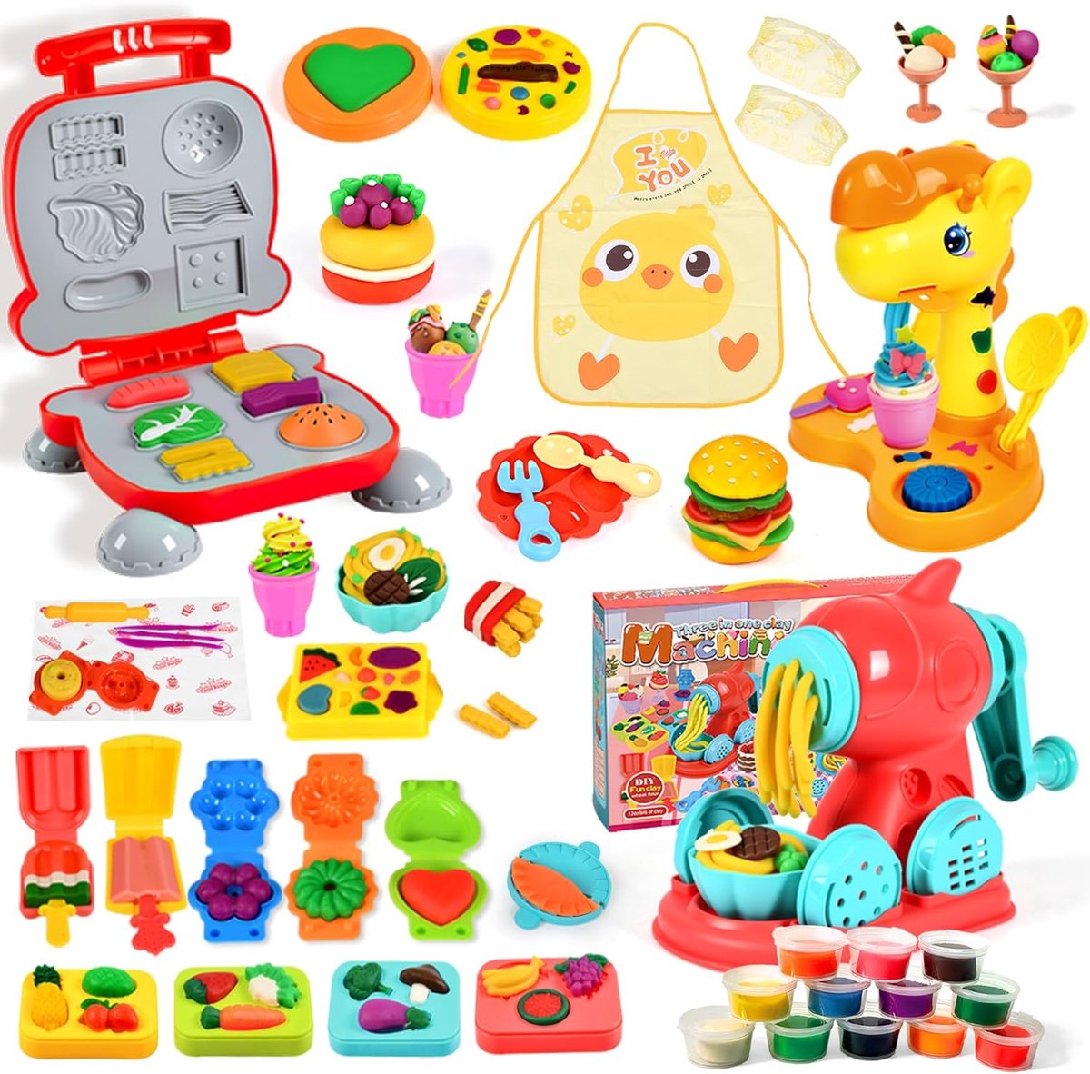 Kneedgereedschap voor Kinderen,Kleiset voor Kinderen,Boetseerklei voor Kinderen,voor Het Maken van Hamburgers en Pizza,Pasta,Modelleergereedschap,met 12 Potten Boetseerklei