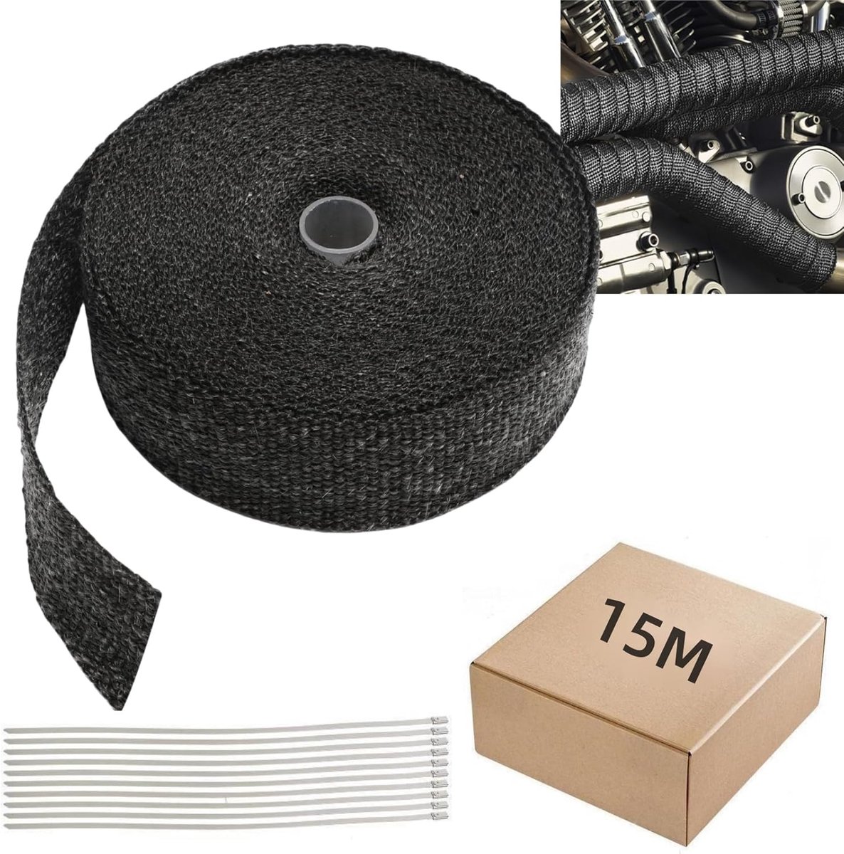 15 m x 5 cm hittebeschermingsband, uitlaat, afdichtband met 12 stuks roestvrijstalen kabelbinders, hittebestendig tot 600 °C, uitlaatband voor motorfiets, auto, waaierspruitstuk,