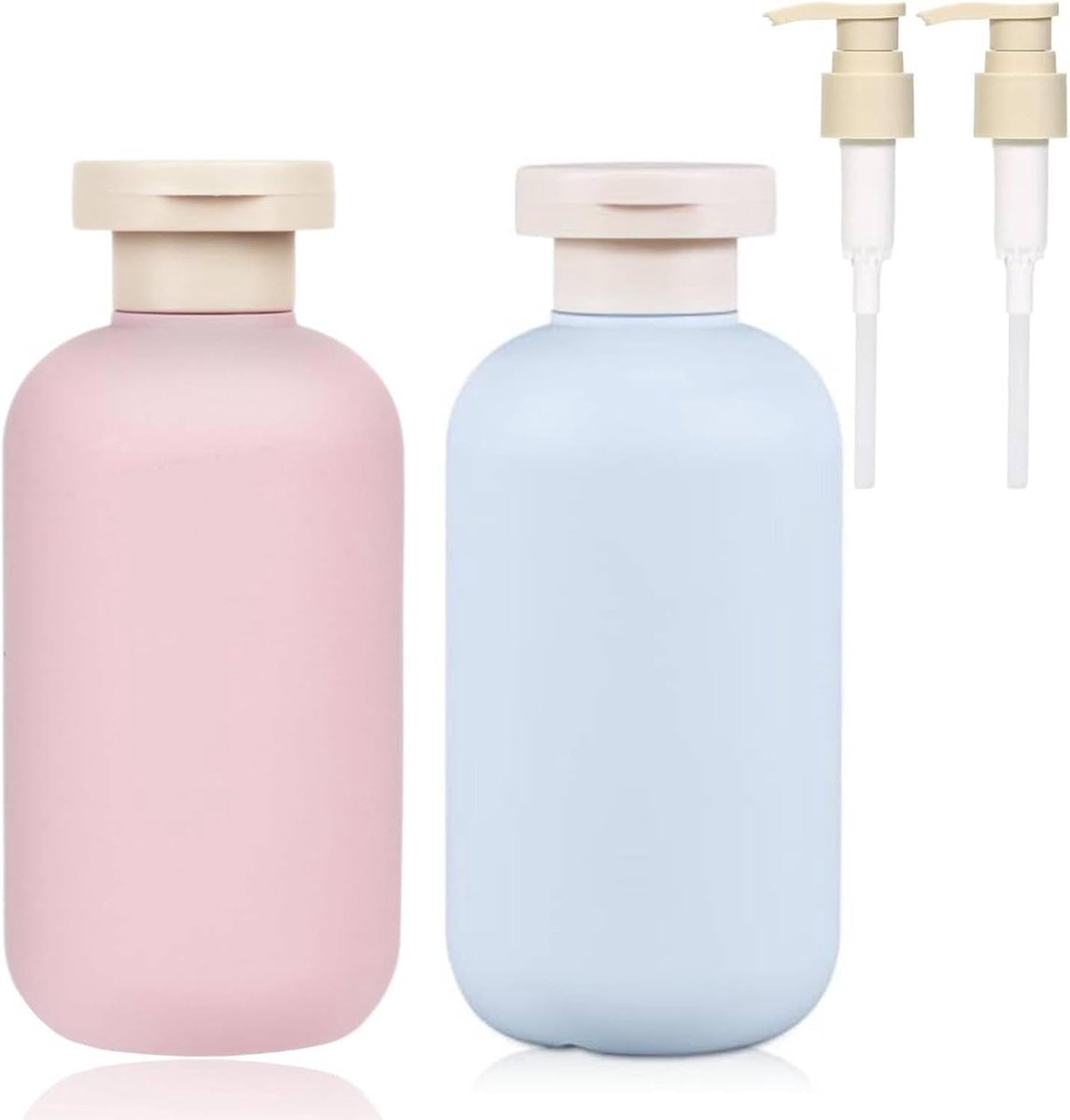 2 stuks met flip-dop en pomp, reisflessen voor toiletartikelen 200 ml, leeg, lekvrij, knijpen, reiscontainers, voor toiletartikelen, shampoo en conditioner (roze+blauw)
