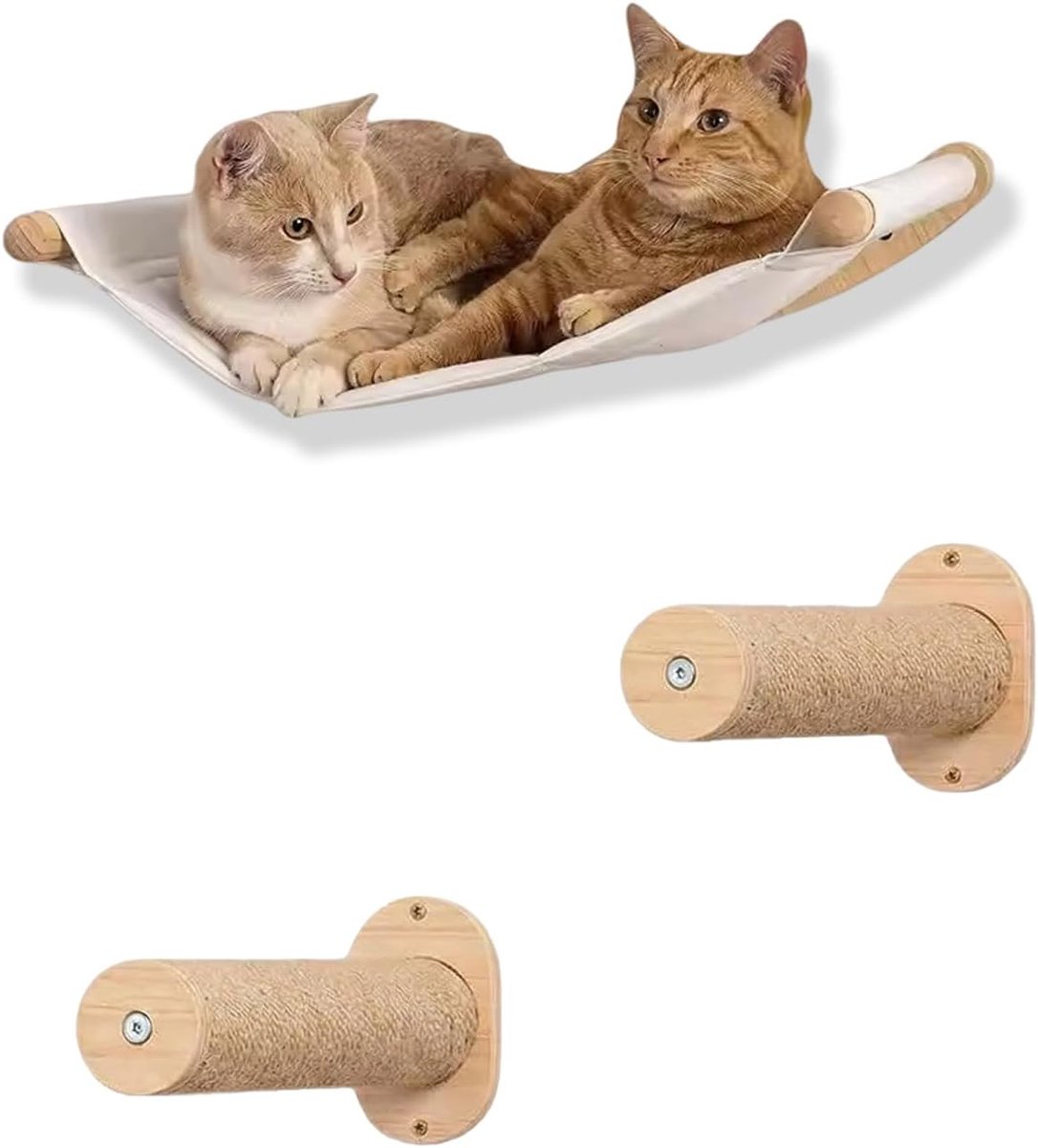 Klimwand voor katten, kattenboom, hangmat, klimwandset, stabiele wandligstoel, kattenmeubel met 2 kattentrappen, massief hout, kattenwandmeubel voor slapen, klimmen en spelen, beige