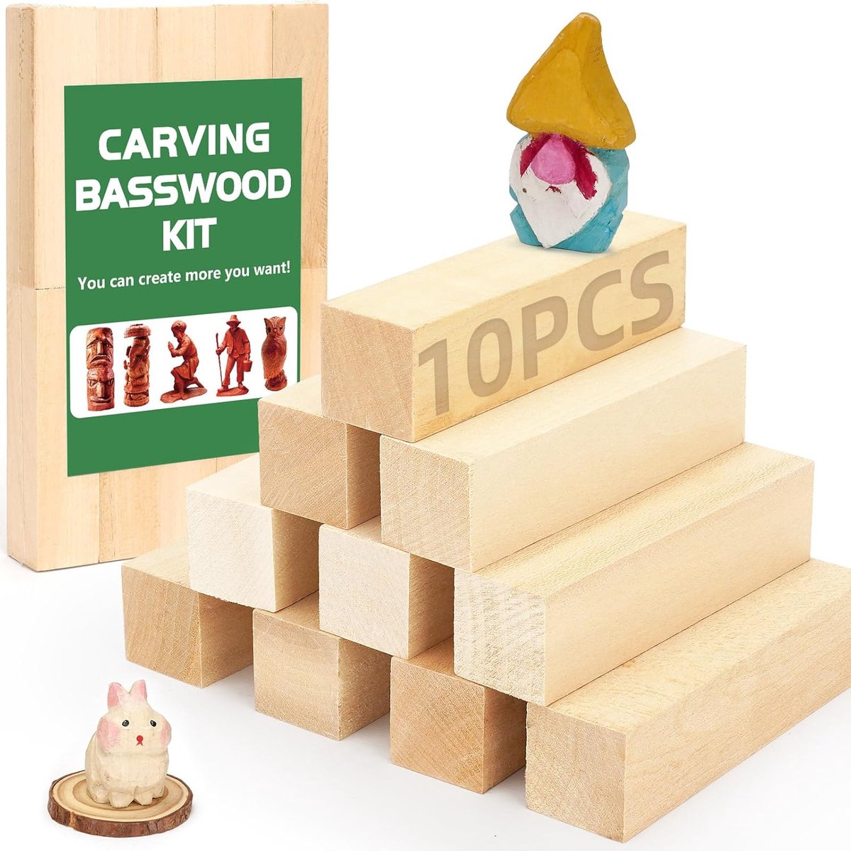 Set van 10 houtsnijhout, lindehout, 10 stuks houten blok + snijsjabloon zacht lindehout voor het snijden voor kinderen, blanco houtsnijwerk voor gebruik met snijmes
