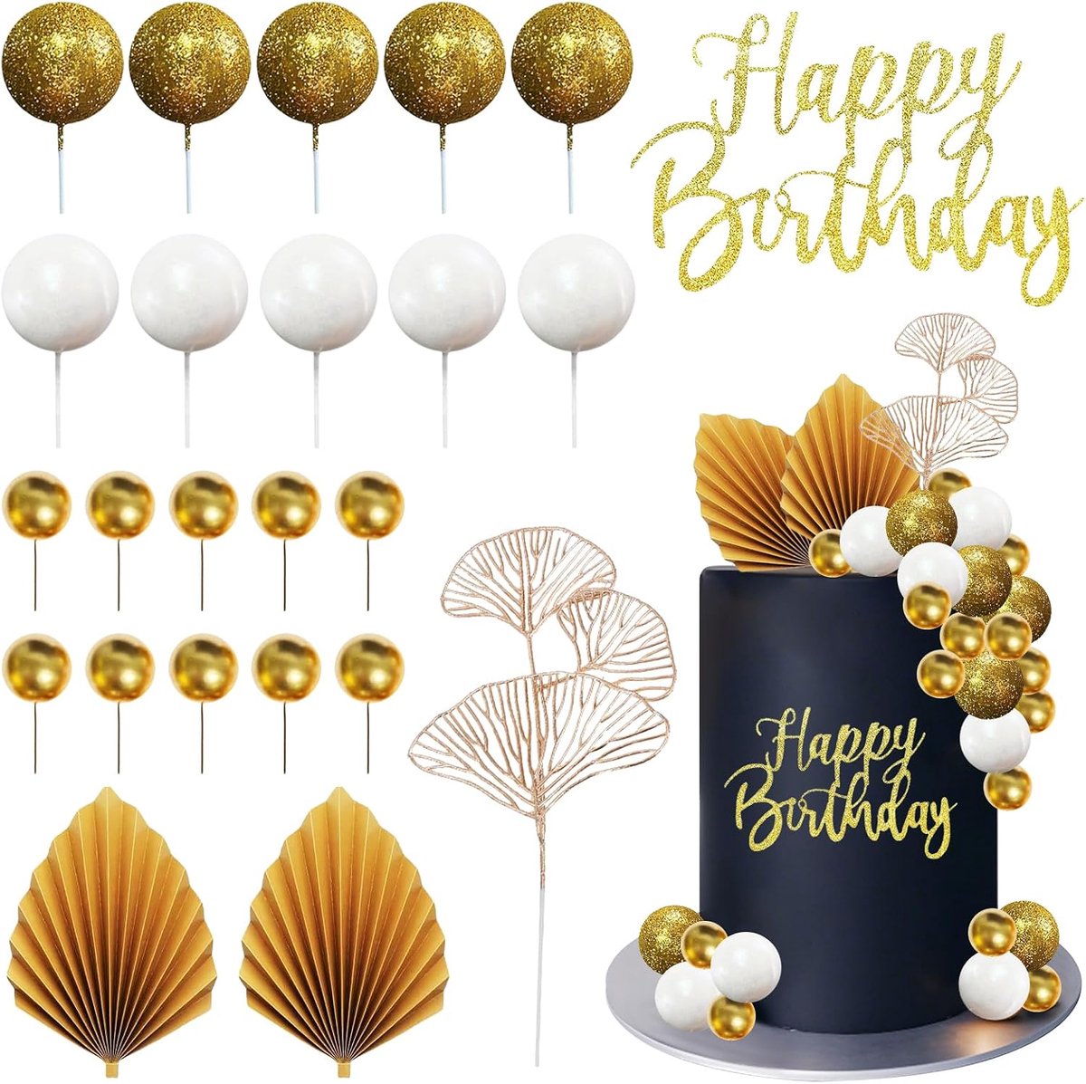 24 stuks taartdecoratie, taartdecoratie, Happy Birthday-taarttoppers, gouden decoratie voor taart, boho, bruiloft, feest, doe-het-zelf