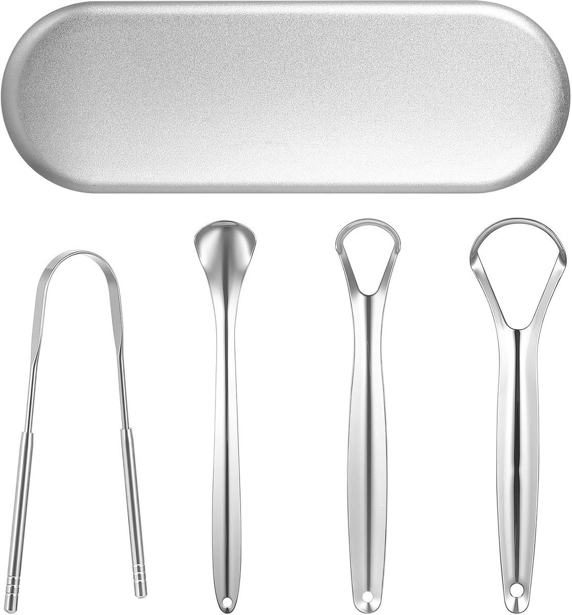 Tongschrapers, tongschrapers, metalen tongreiniger, schraper voor volwassenen, vrouwen, mannen, mondverzorging en frisse adem (met etui) (zilver)