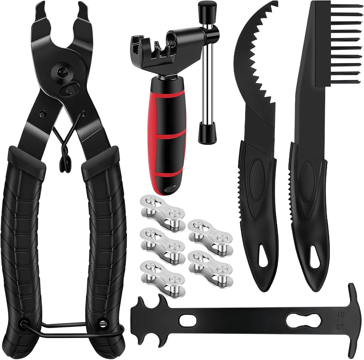 Kettingklinknagels voor fietsmet fietsreinigingsborstel, kettingslot tang en 5 paar fietskettingen, Fietskettingmeter, klinknagels fietsketting reparatieset voor 6-12