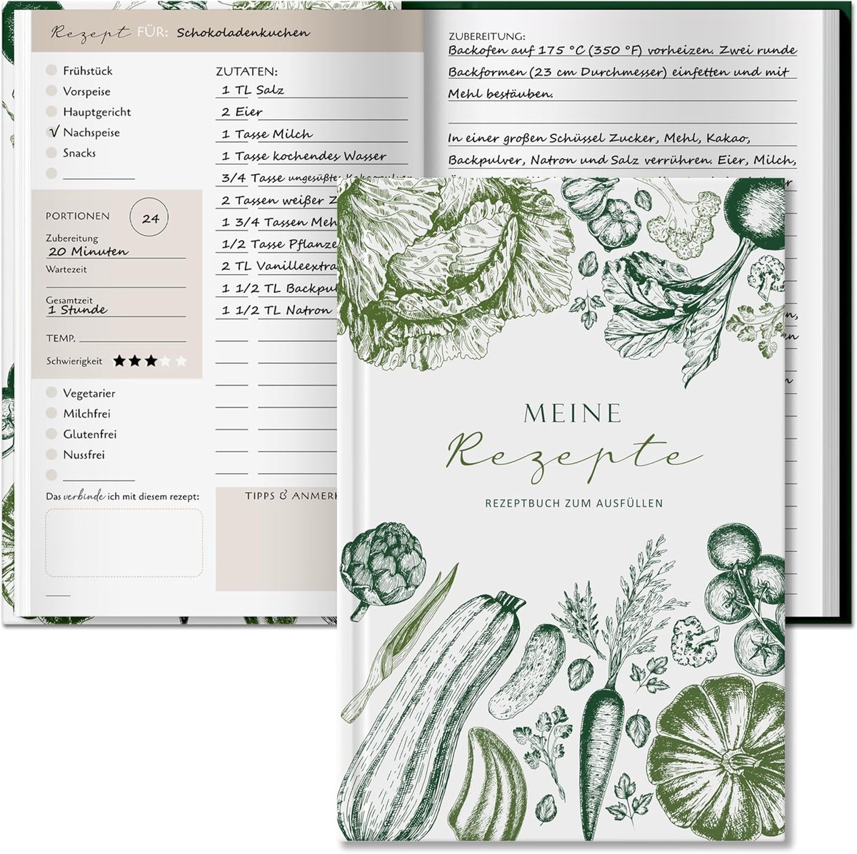 Receptenboek, receptenboek om in te vullen, groen