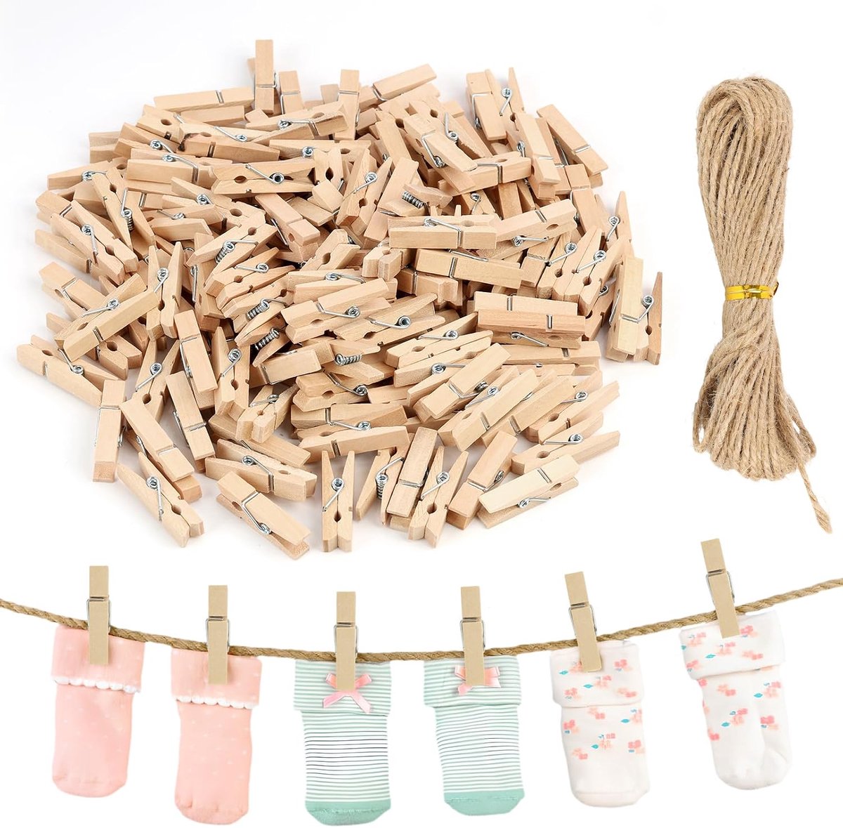 Wasknijpers, hout, wasknijper, 3,5 cm, met 10 m jute touw, veelzijdige clips voor het ophangen van foto's, postkaarten, kleding, doe-het-zelf, verschillende toepassingen