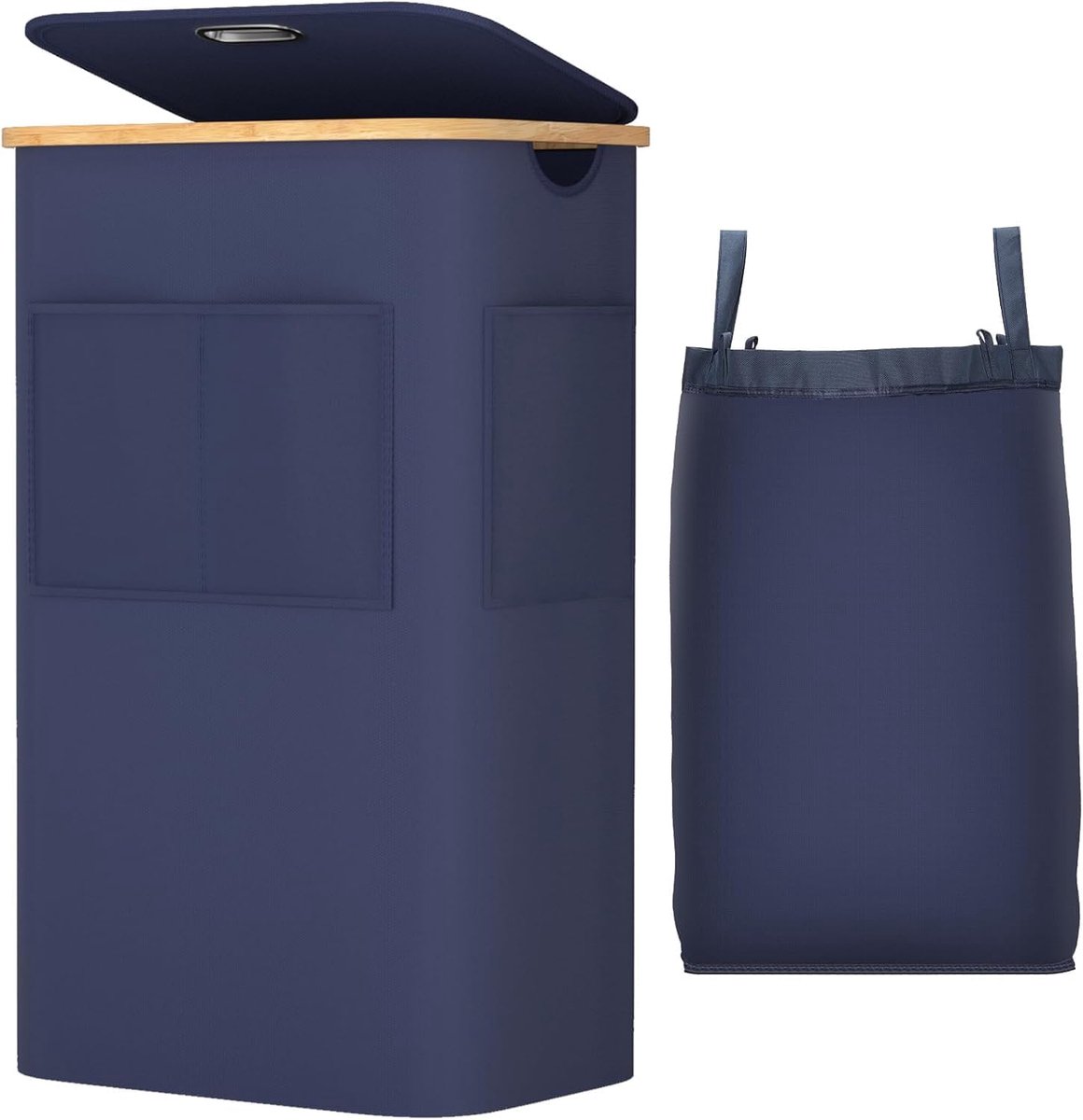 Wasbak met deksel, 105 l, grote wasmand met handgrepen van bamboe, wasmand van 600D Oxford-stof, waterdicht, met afneembare tas, voor bijkeuken, slaapkamer, woonkamer, blauw