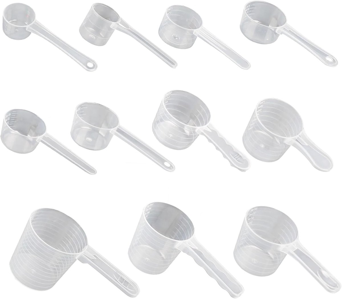 11 stuks maatlepelset, 10-120 ml, doseerlepel transparant met schaal, maatlepel, gram, bakken, koken, 30 g, doseerlepel voor koffie, waspoeder, eiwitpoeder, doseerder, gram 5 g-60 g