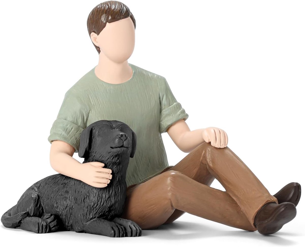Man met zwarte hond beeldje, jongen en hond vriendschap Herinnering geschenken, een gekoesterd eerbetoon aan onvoorwaardelijke liefde voor huisdieren