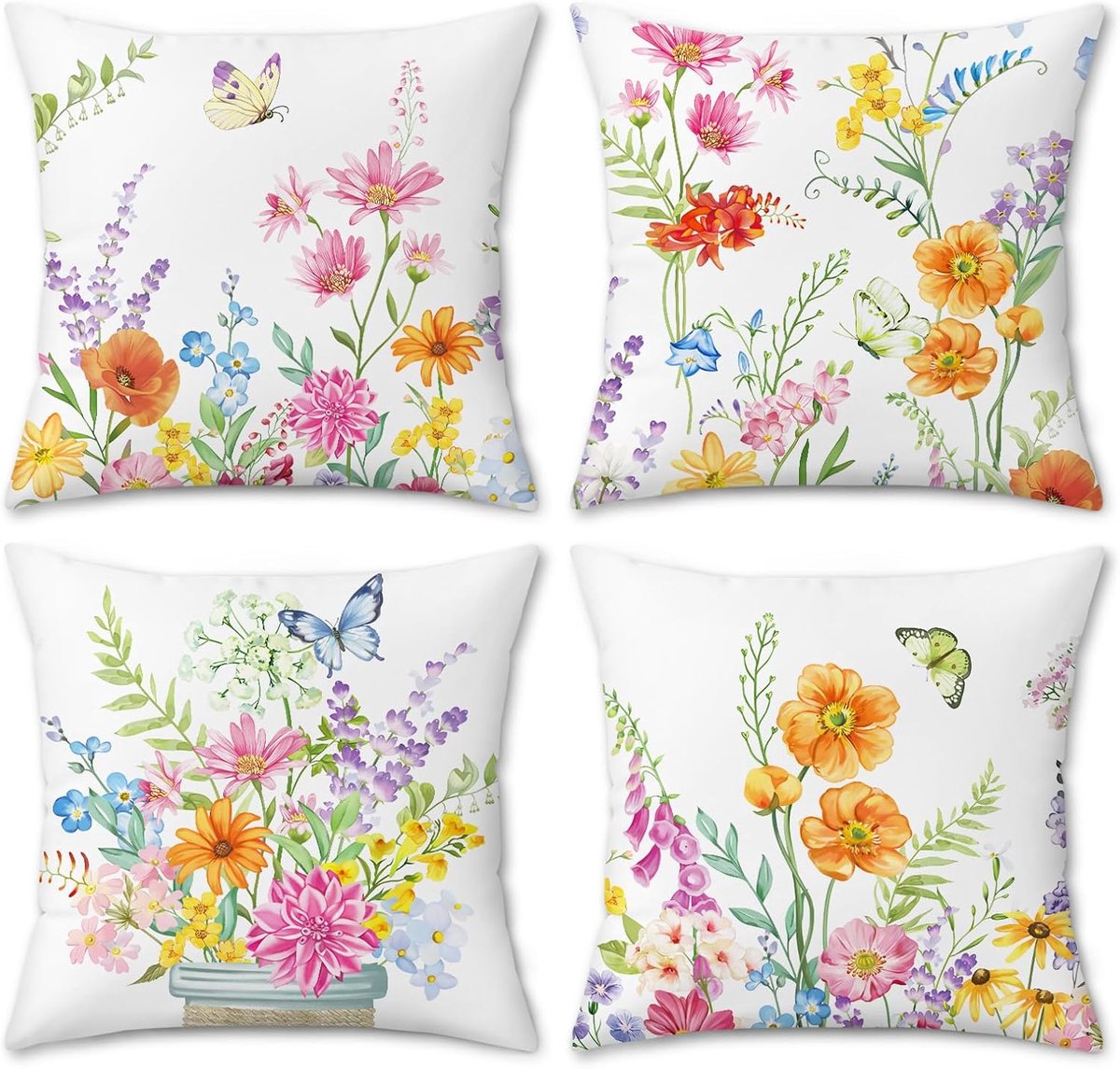 Sierkussenhoezen met lentebloemen, kleurrijke tuinbloemen, vlinder, klaproos, fluwelen decoratieve kussenhoezen voor bank, bed, thuis, terras, set van 4, 46 x 46 cm