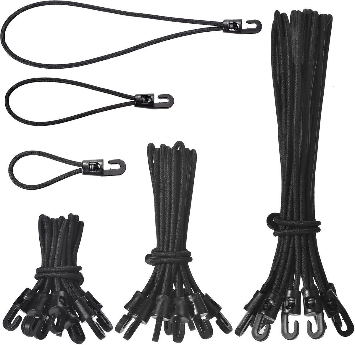 Spaner met haken, 30 stuks spanners met haken, elastieken met haken, 10 cm, 15 cm, 25 cm, elastisch touw voor dekzeilen, tenten, bagagedragers, dekzeilen, buiten, zwart