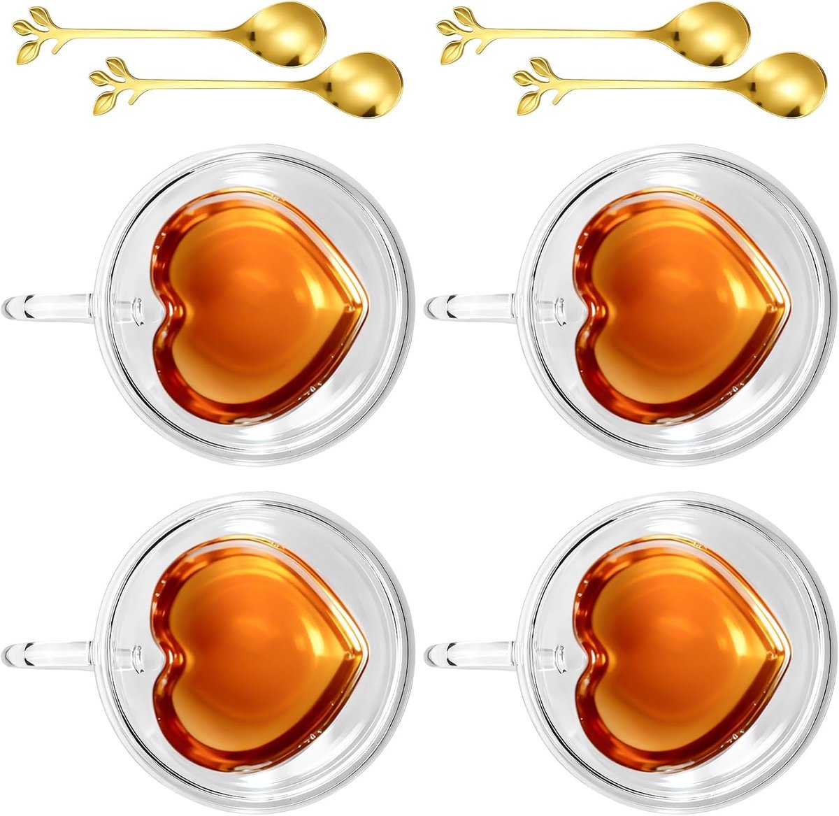 240 ml, set van 4 dubbelwandige koffieglazen met handvat en lepel, espressokopjes, koffiekopjes, theeglazen, hartkop, latte macchiato-glazen voor koffie, latte, cappuccino, thee