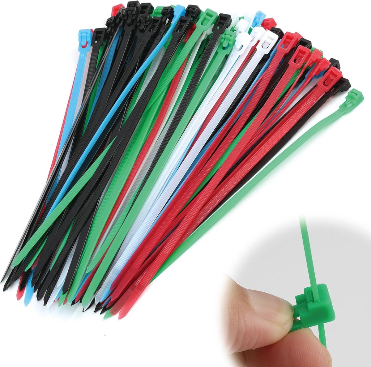 Kabelbinders 200 mm, 8 inch herbruikbare ritsbinders - in rood, geel, groen, blauw, zwart, wit - UV-bestendig nylon PA66 - voor organiseren, beveiligen en doe-het-zelf projecten