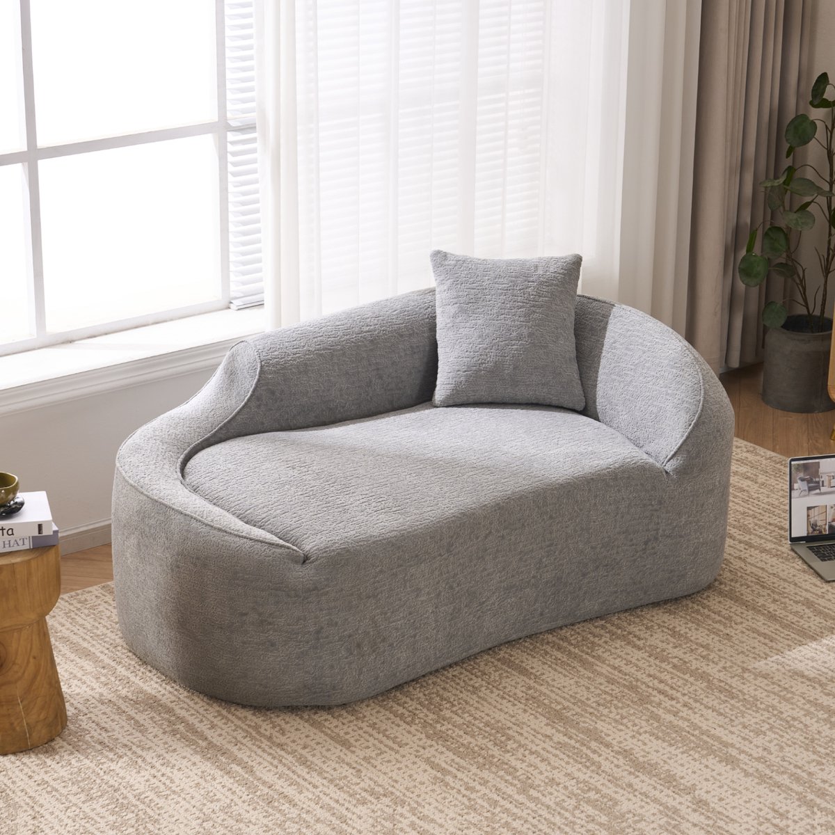 Pugsdrly Samenvouwen bank, gebogen chaise longue voor binnen, moderne chenille tweezitsbank met diepe zitting en 1 kussen, slaapbank voor woonkamer, slaapkamer en appartement – lichtgrijs