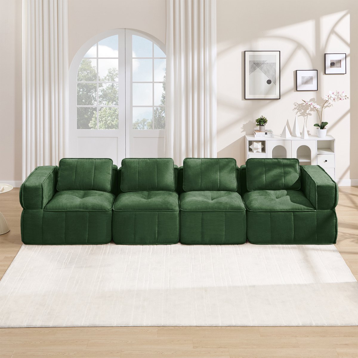 Pugsdrly Extra grote 4-zits Cloud-bank zonder frame, modulair, 32D-schuim met hoge dichtheid, huidvriendelijke, zachte stof, antislip, voor de woonkamer, geen montage nodig, groen.