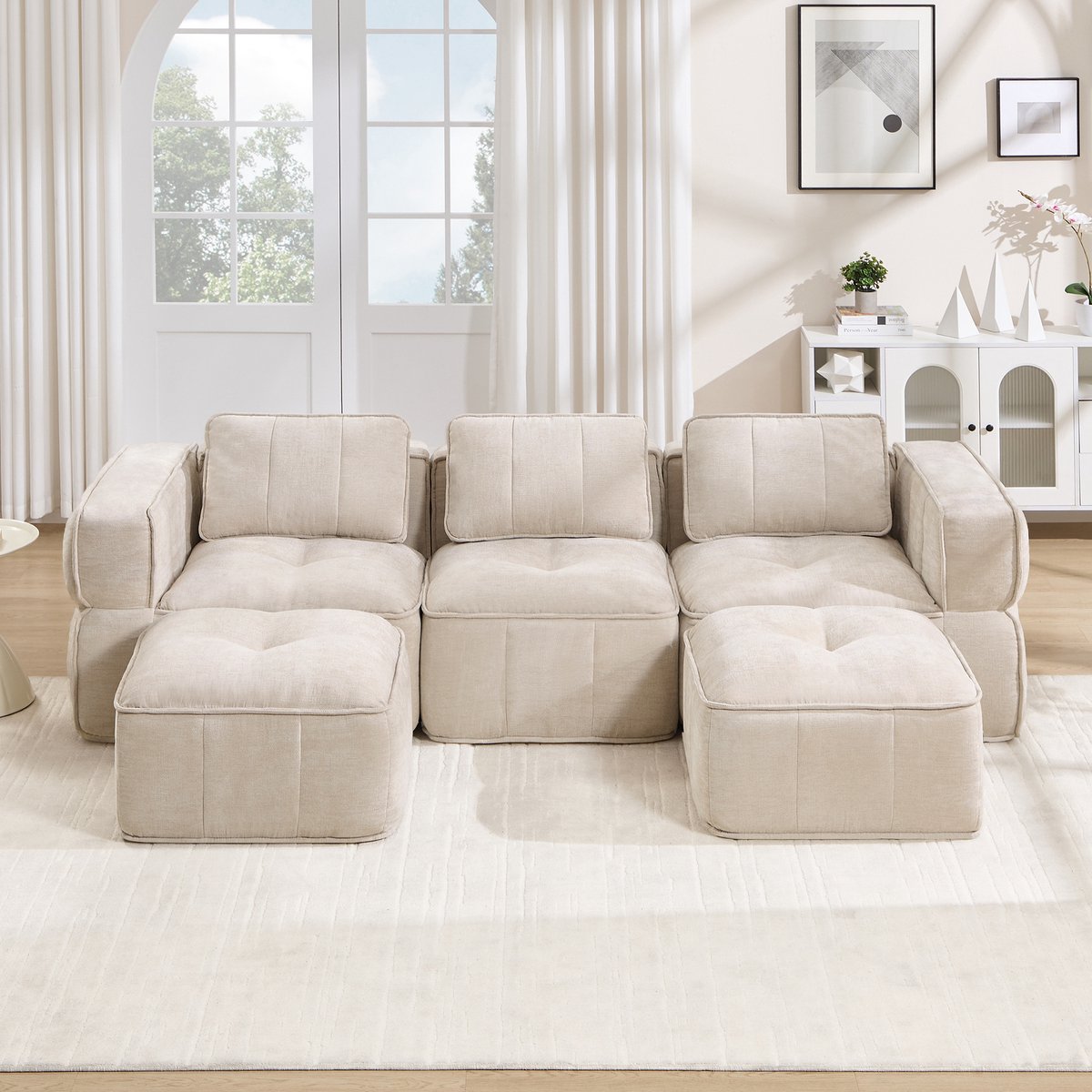 Pugsdrly 3-zits U-vormige modulaire bank met 2 poefs, zonder frame, 32D-schuim met hoge dichtheid, diepe zitting, huidvriendelijke, zachte stof, ideaal voor de woonkamer, geen montage nodig, beige.