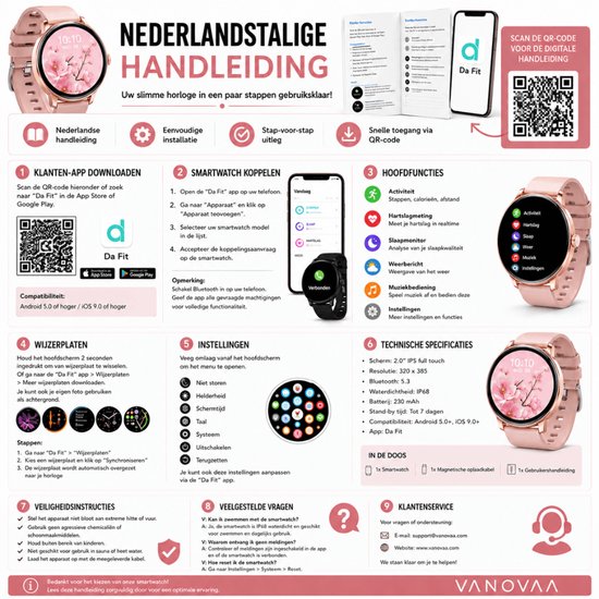 Handleiding voor een VANOVAA smartwatch met een roze bandje. De handleiding toont hoe je de app downloadt, koppelt, de functies gebruikt en instellingen aanpast.