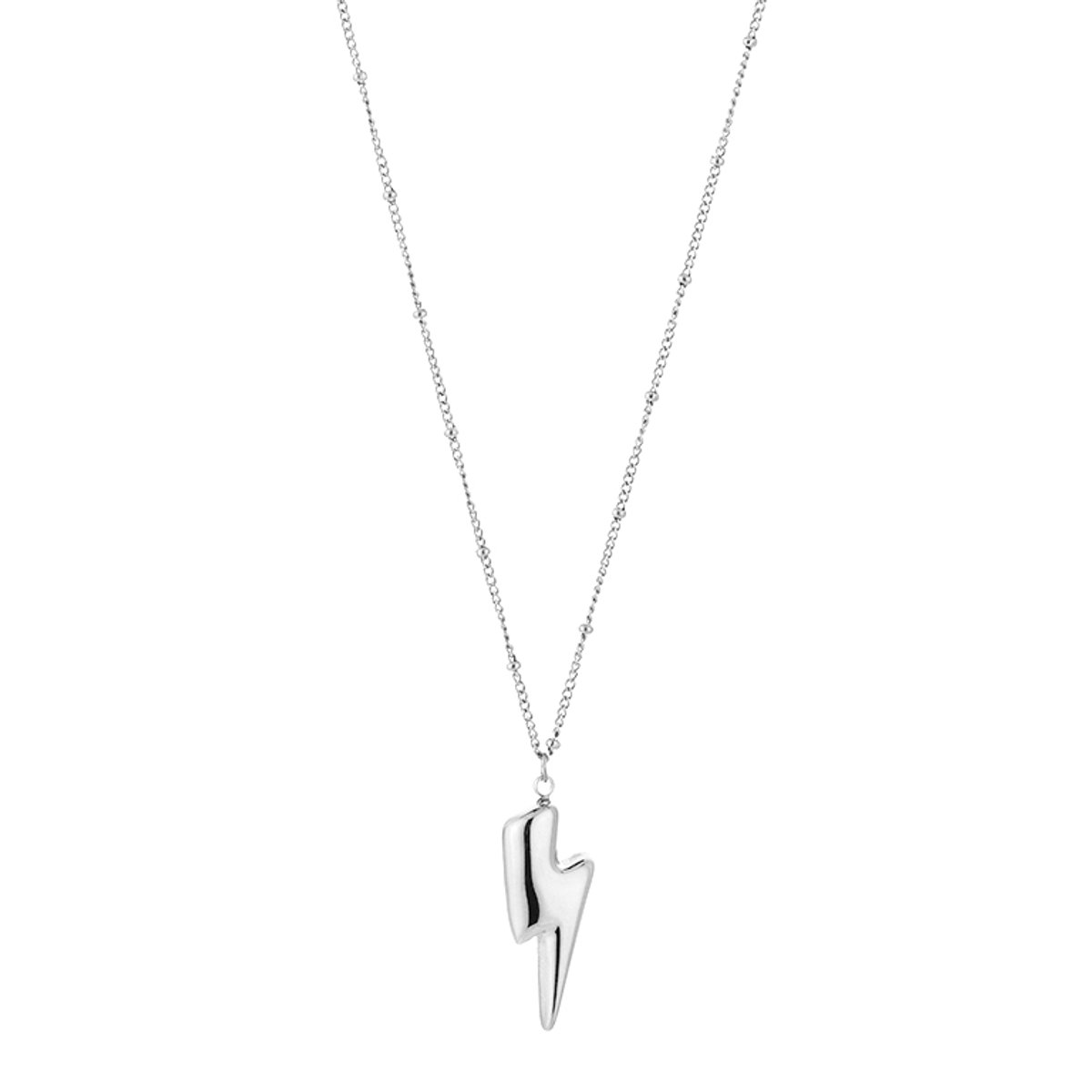 Puffed Lightning Bolt Satellite Long Chain Necklace – Luxe 80 CM Lange Ketting met Bliksem Bedel – RVS - Zilver