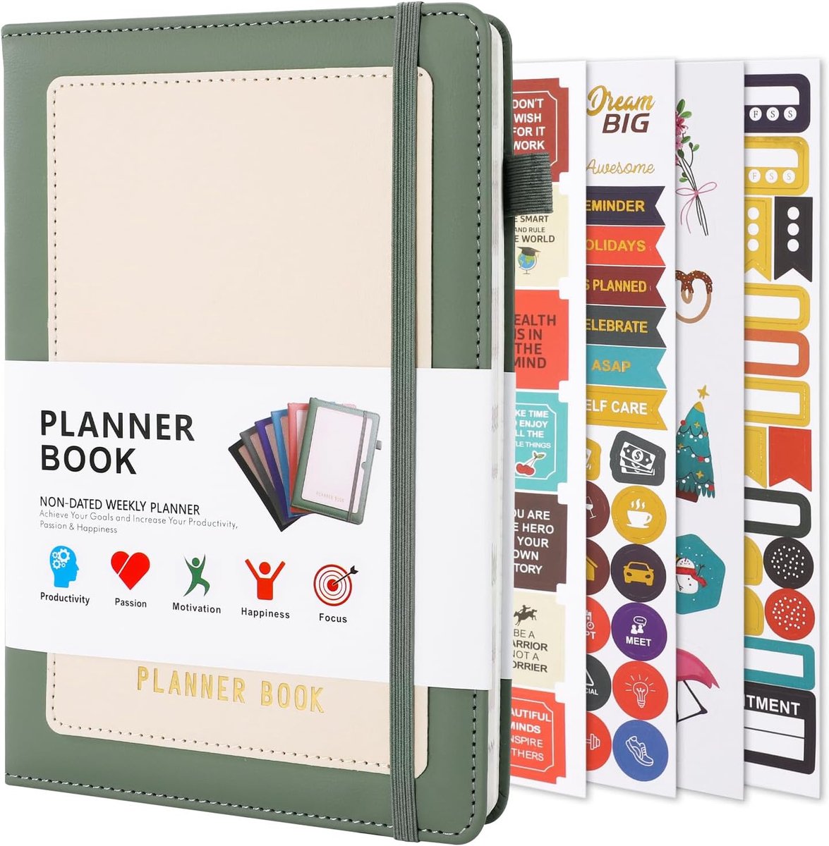 weekplanner, notitieboeken, PU-leer, hardcover, schooljaarplanner, dagelijks, wekelijks en maandelijks, persoonlijke organizer met stickers en elastiek, 240 pagina's/120 vellen, groen