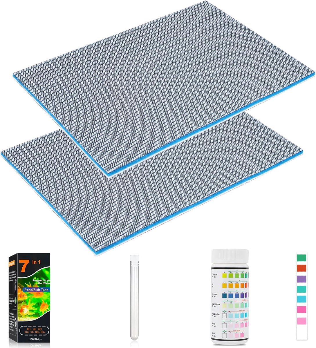 2 stuks aquariumfilterspons (40 x 30 x 2 cm), filterschuimmat voor aquariumfilter, accessoires + 100 strips, 7-in-1 waterhardheidstest + 15 ml reageerbuis kunststof
