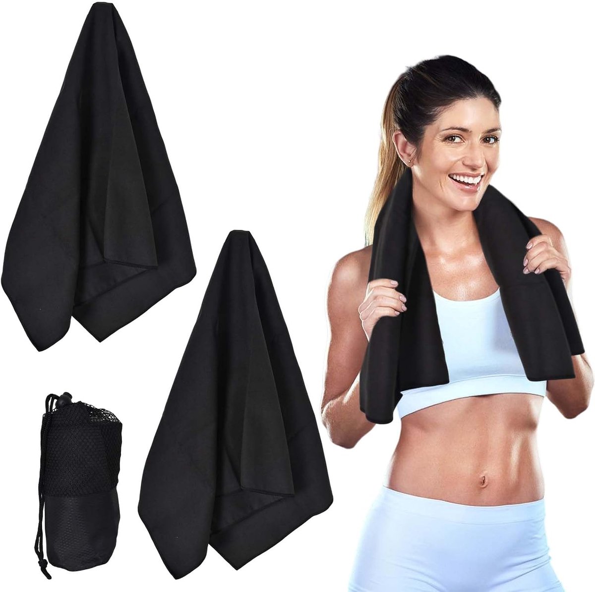 handdoek, set van 2 sporthanddoeken, sneldrogend, absorberend, fitnesshanddoek, 80 x 40 cm, met opbergtas, voor fitness, reizen, strand, yoga