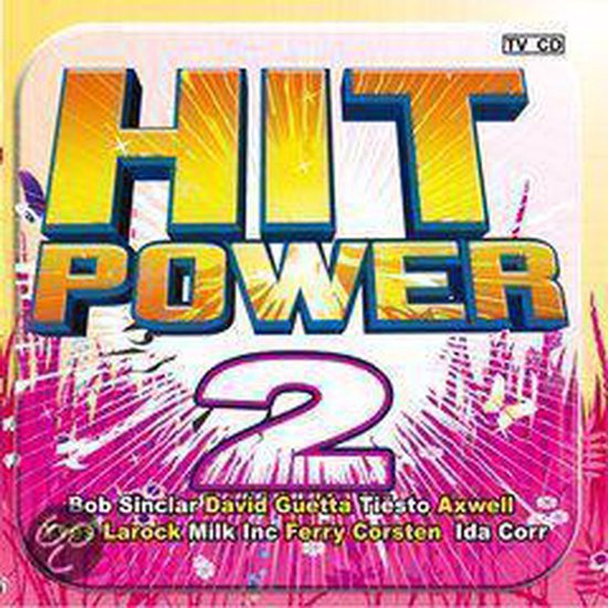 Albumcover 'Hit Power 2' met tekst in goudkleurige letters, TV CD logo, en roze explosieve achtergrond met vlinders.