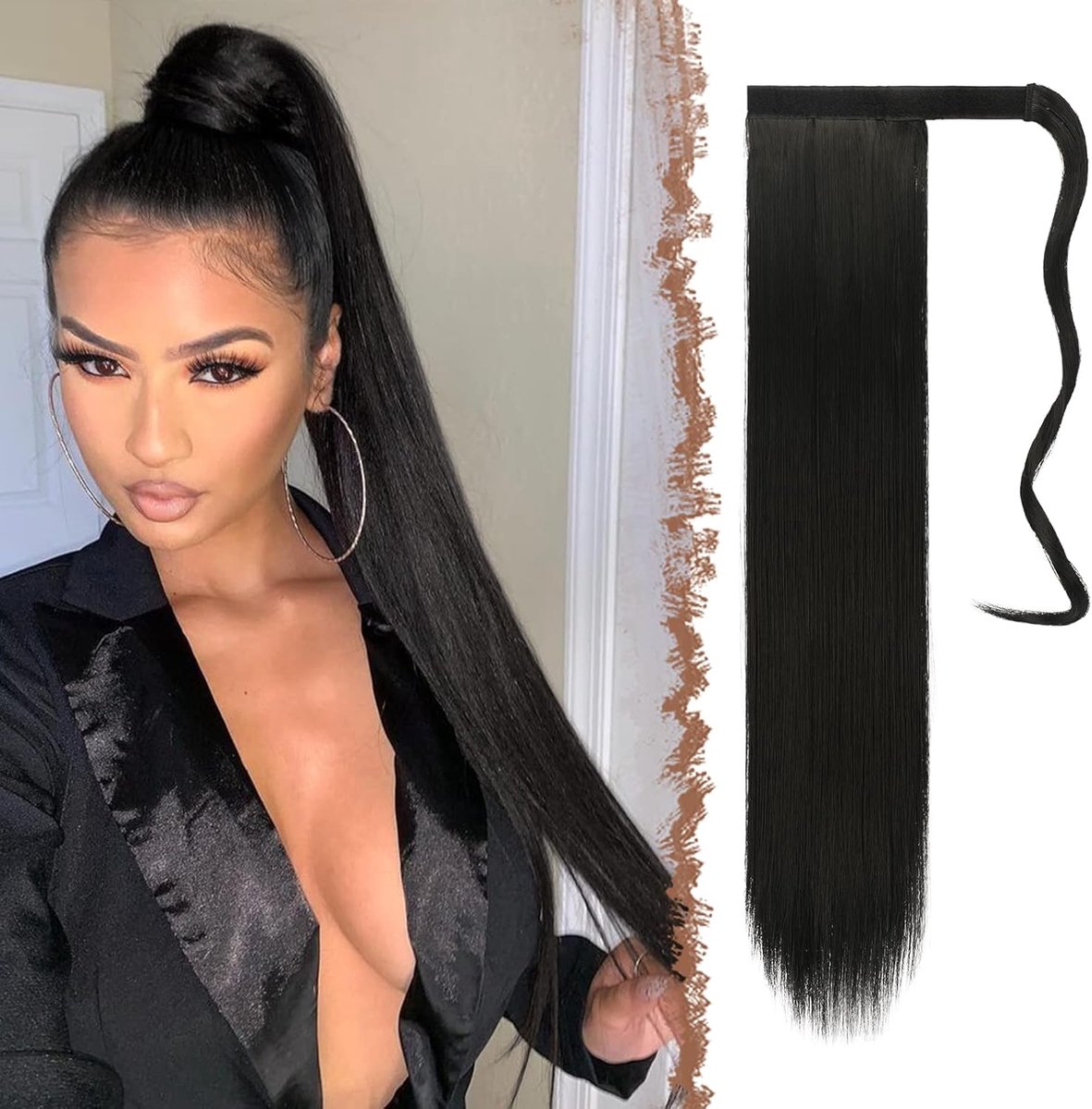 Rechte Paardenstaart Extensions - Lange Jet Zwart Paardenstaarten Natuurlijk Synthetisch Haarstukje Ponytail Haarextensies voor Vrouwen, 60cm