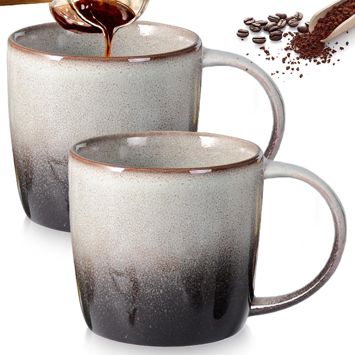 keramische koffiekopjes, 330 ml aardewerk mok met handvat, creatief retro design, porseleinen koffiekopjes, cappuccinokopjes, koffiemok, melk, theekopjes, theekop voor kantoor en thuis, 2 stuks