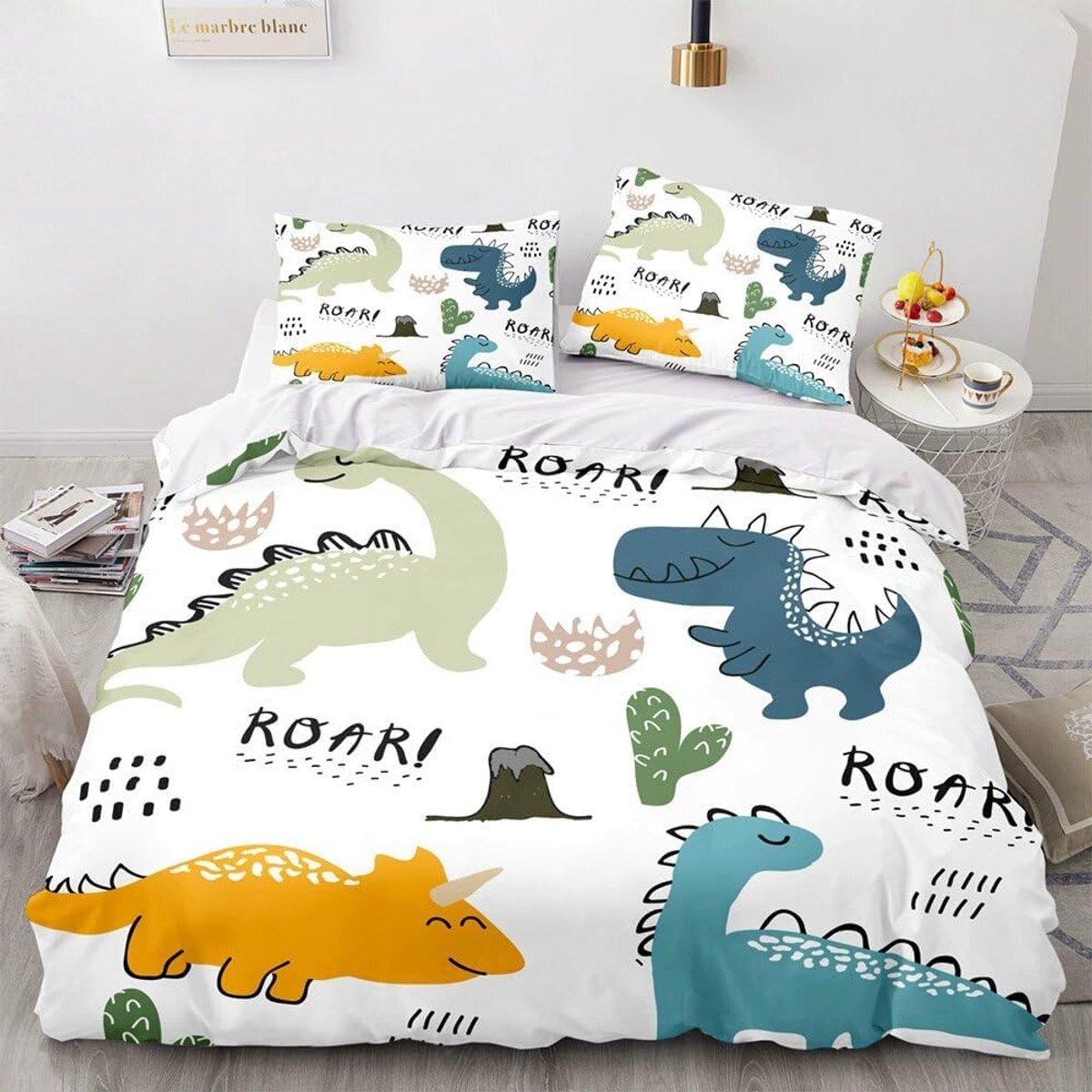 patroon kinderbeddengoed, schattige cartoon kleurrijke dinosaurus print dekbedovertrek, speels decoratieve beddenset voor jongens en meisjes (D, 200x200cm)