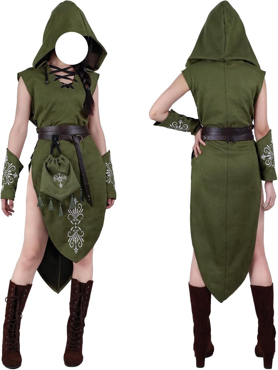 5-delige Renaissance Kostuum voor Vrouwen - Middeleeuwse Elf Fantasiejurk zonder Mouwen met Capuchon, Armbeschermers & Gordel, LARP en Cosplay