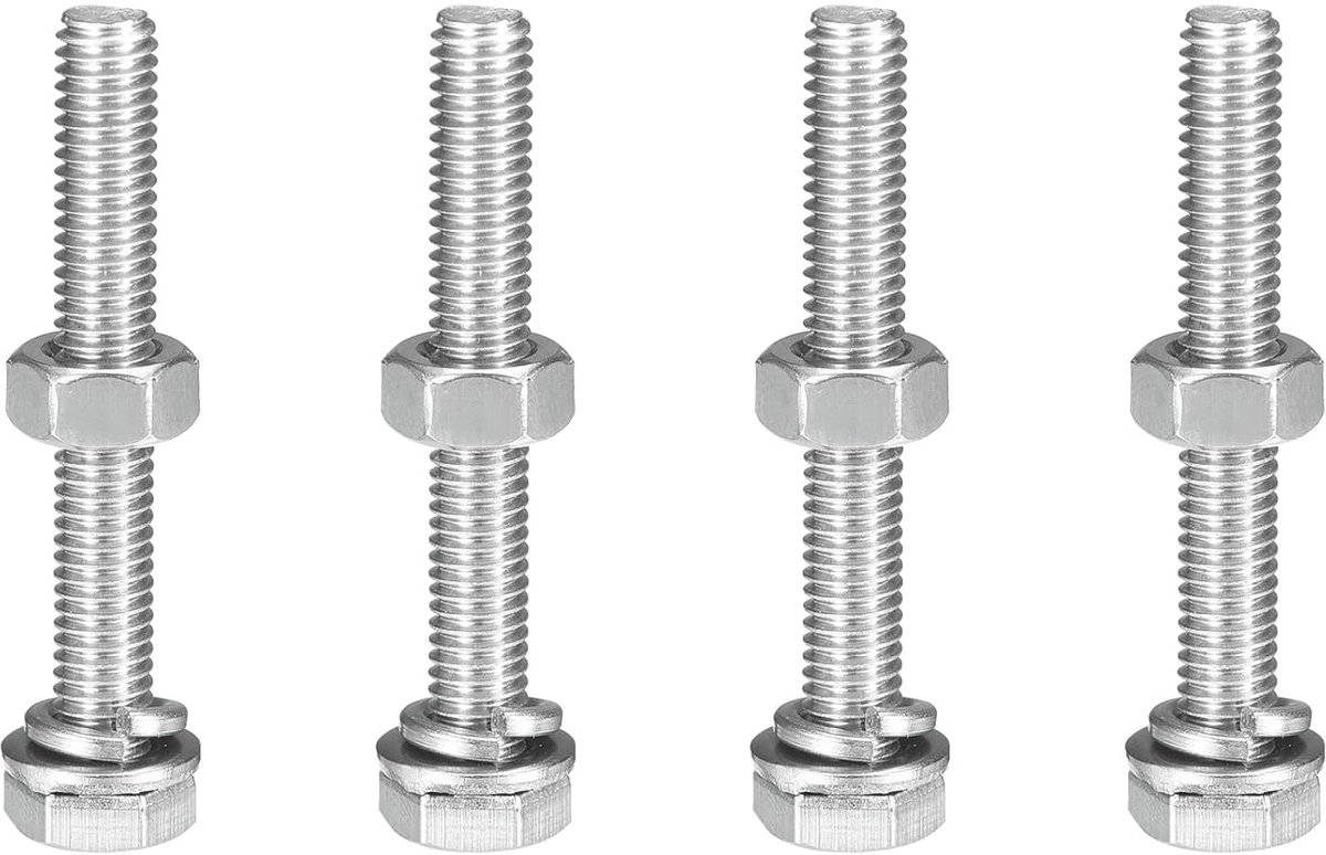 Set van 4 stuks M6 x 45mm zeskantschroeven moeren en sluitringen, 304 roestvrijstalen zeskant machineschroeven, volledige draadschroeven met buitenzeskant