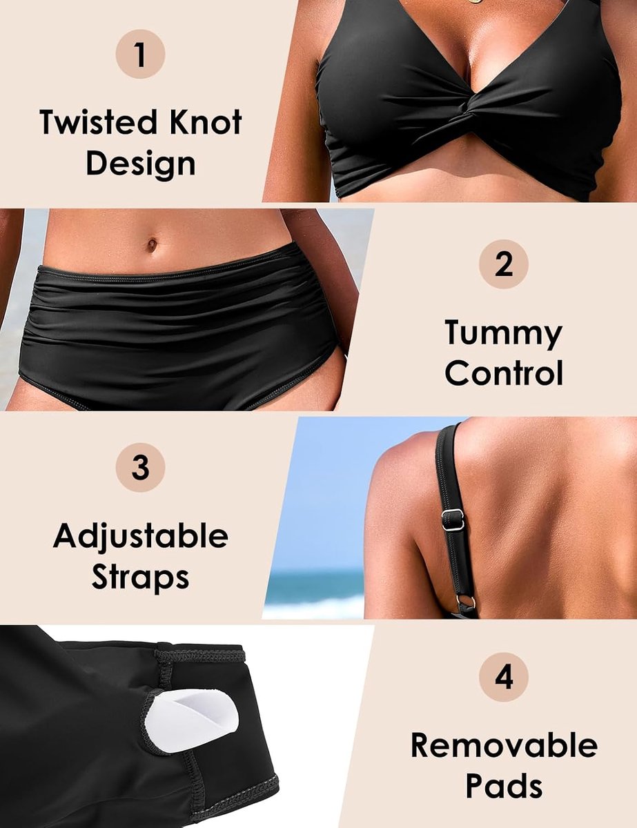 Badpak voor dames, hoge taille, twist voorkant, tweedelige bikini, elegante V-hals, push-up, beachwear, sexy buikcontrole, strandzwemkleding