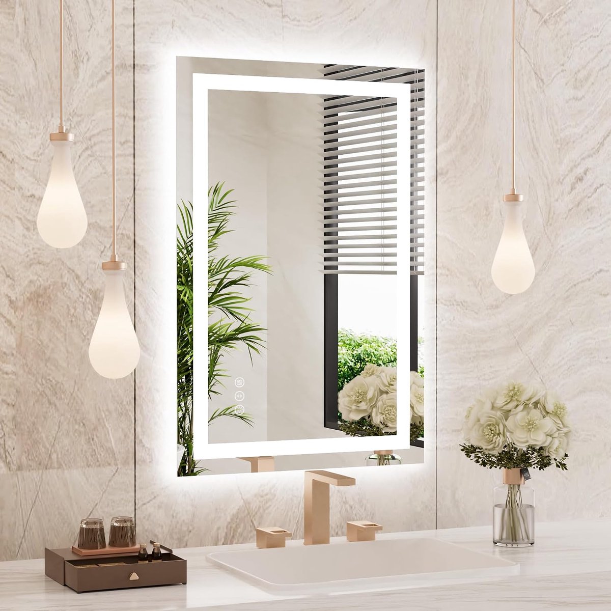 Badkamerspiegel met Ledverlichting, 50x70cm Make-up Wandspiegel, 3 Dimbare Kleuren, Verlichte Anti-condens Pad, HD Gehard Glas IP44, Verticaal of Horizontaal