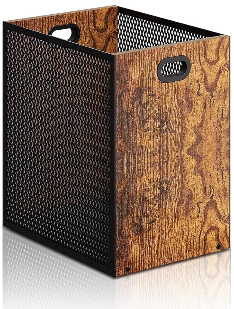prullenbak, 28 x 20 x 30 cm, van ijzer en hout, moderne afvalemmer in industriële stijl met handvat, decoratieve afvalemmer voor kantoor, slaapkamer en thuiskantoor
