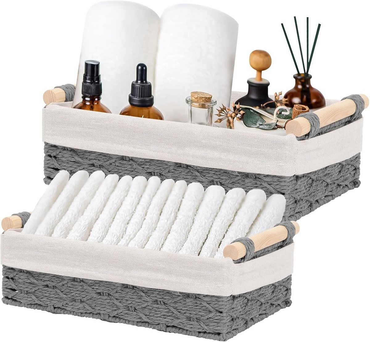Opbergmanden voor planken, opbergdozen, kleine opbergdozen met handvat, organizerbox, handgeweven opbergmand, badkamermanden voor toiletartikelen, thuis, kantoor, 2 stuks (grijs)