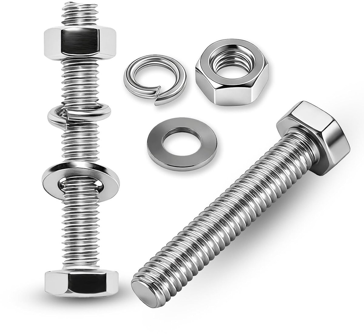 Schroeven, moeren, set van 8 stuks, machineschroeven, M8 x 90 mm, schroeven met moeren, sluitringen, veerringen, roestvrij staal, A2, V2A, zeskantschroeven, set voor machinebouw, metalen