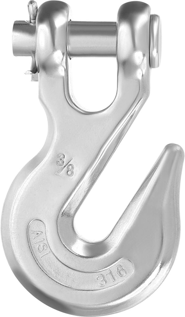 3/8 inch scharnierhaak, kettinghaak van roestvrij staal 316, draagkracht 1307 kg, zware lasthaak voor transportveiligheid voor aanhangers en vrachtwagens