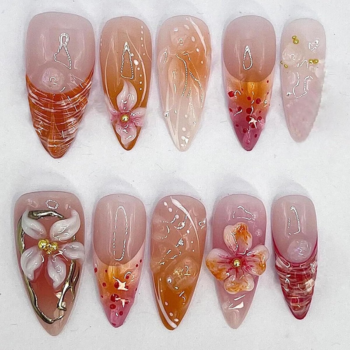 Nagels om op te plakken, 30 stuks, medium amandel, bloemen, French Press on nagels, 3D gouden kralen, glitter, acryl, kunstnagels om op te plakken, handgemaakt, volledige bedekking, kunstnagels