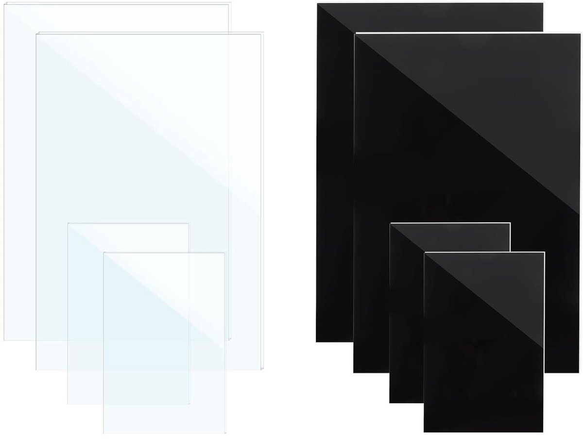 8 stuks acrylglasplaat, transparant en zwart, 1 mm, acrylplaat, 20 x 30 cm, kunststof plaat voor fotolijsten, ramen, projecttentoonstelling, schilderen