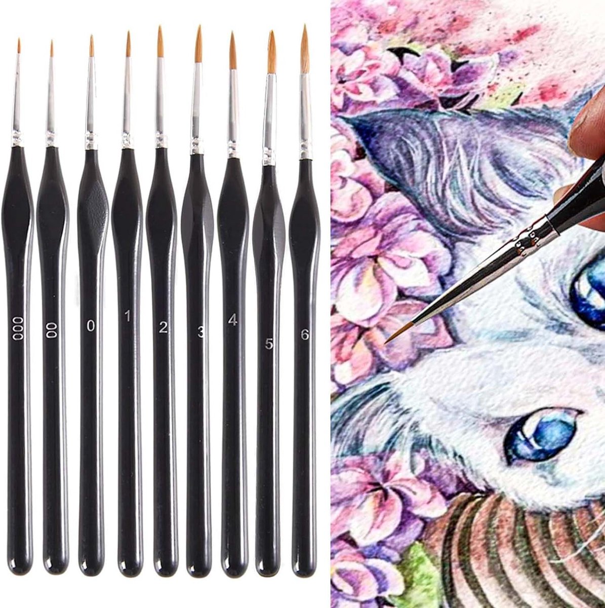Fijnpenseelset, modelbouw detailkwast, schilder-op-nummerkwast, miniatuurkunstenaarskwastenset voor acrylschilderen, nagels, aquarelschilderen, olieverfschilderijen, miniatuur, 9-delig