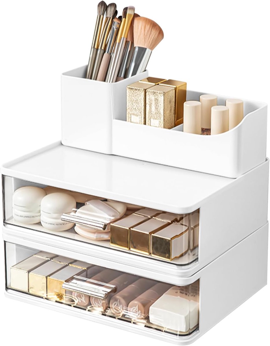 Make-up organizer met 2 laden, stapelbare cosmetica-organizer, badkamerorganizer, huidverzorging, cosmetica, opslag voor kwasten, oogschaduw, lotions, lippenstift (wit)