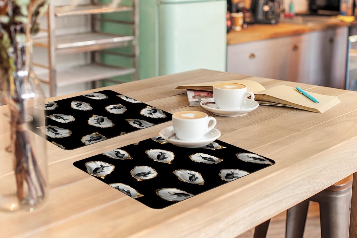 Placemats 6 stuks 45x30 cm Keuken Decoratie Placemats Afwasbaar Anti Slip Tafelmat Vinyl Onderlegger Eettafel - Oesters - Zwart - Vissen - Goud