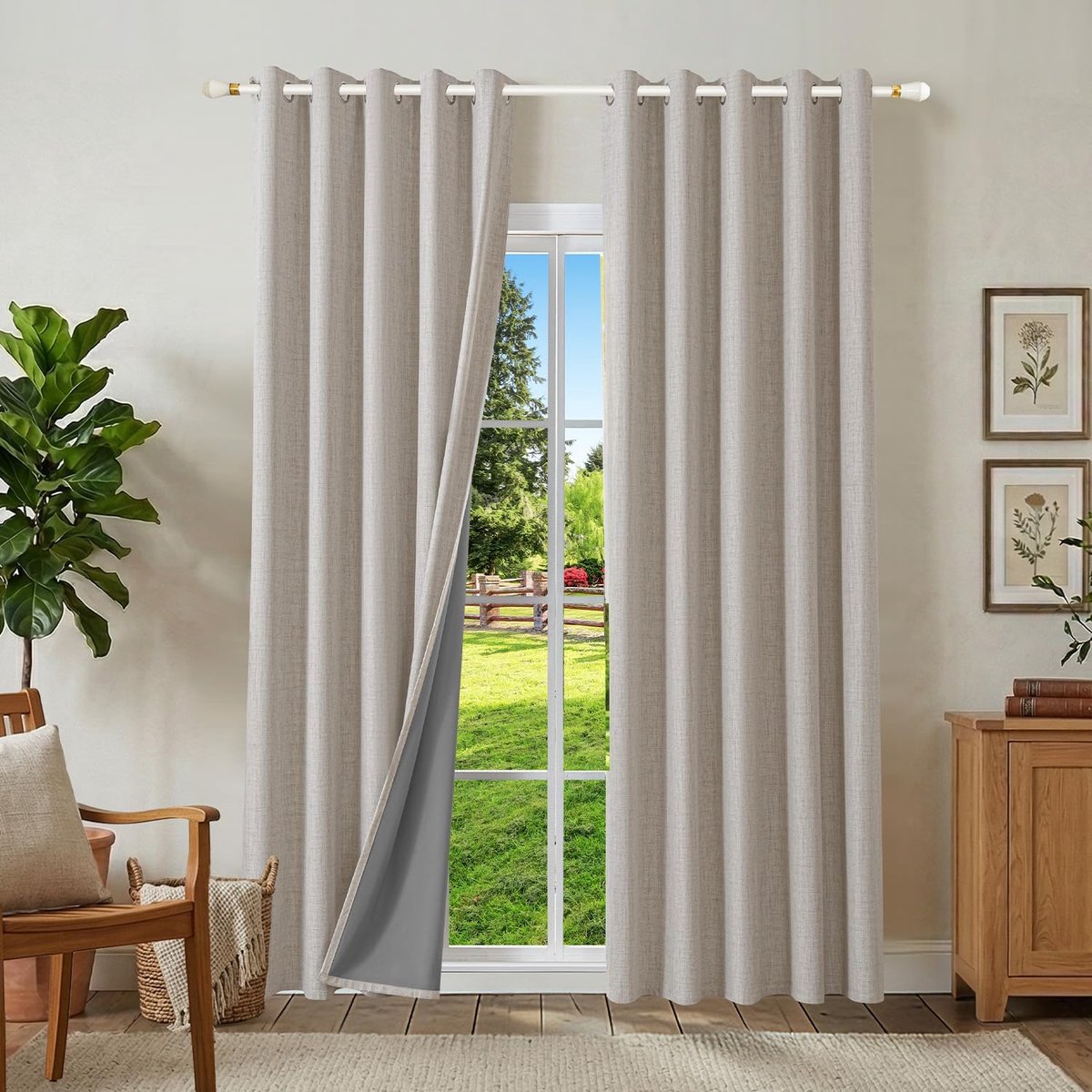 linnen, 100% verduisteringsgordijnen, set van 2, thermogordijn, hittebescherming, 245 x 160 cm (h x b), linnenlook, ondoorzichtig, grijs-wit, geluidsisolatie voor slaapkamer en