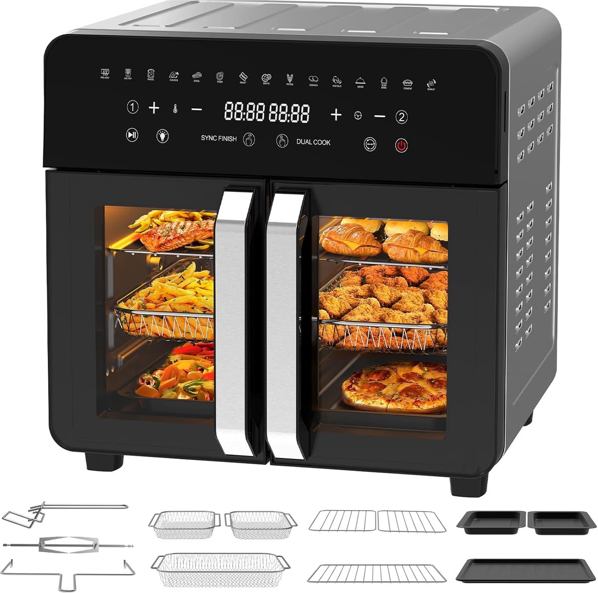 Fryer Dual Zone 23L - XXL luchtfriteuse met afneembare scheidingswand, olievrije friteuse met French Door-deuren, 15 programma's, groot venster, 5 accessoiresets, receptenboek