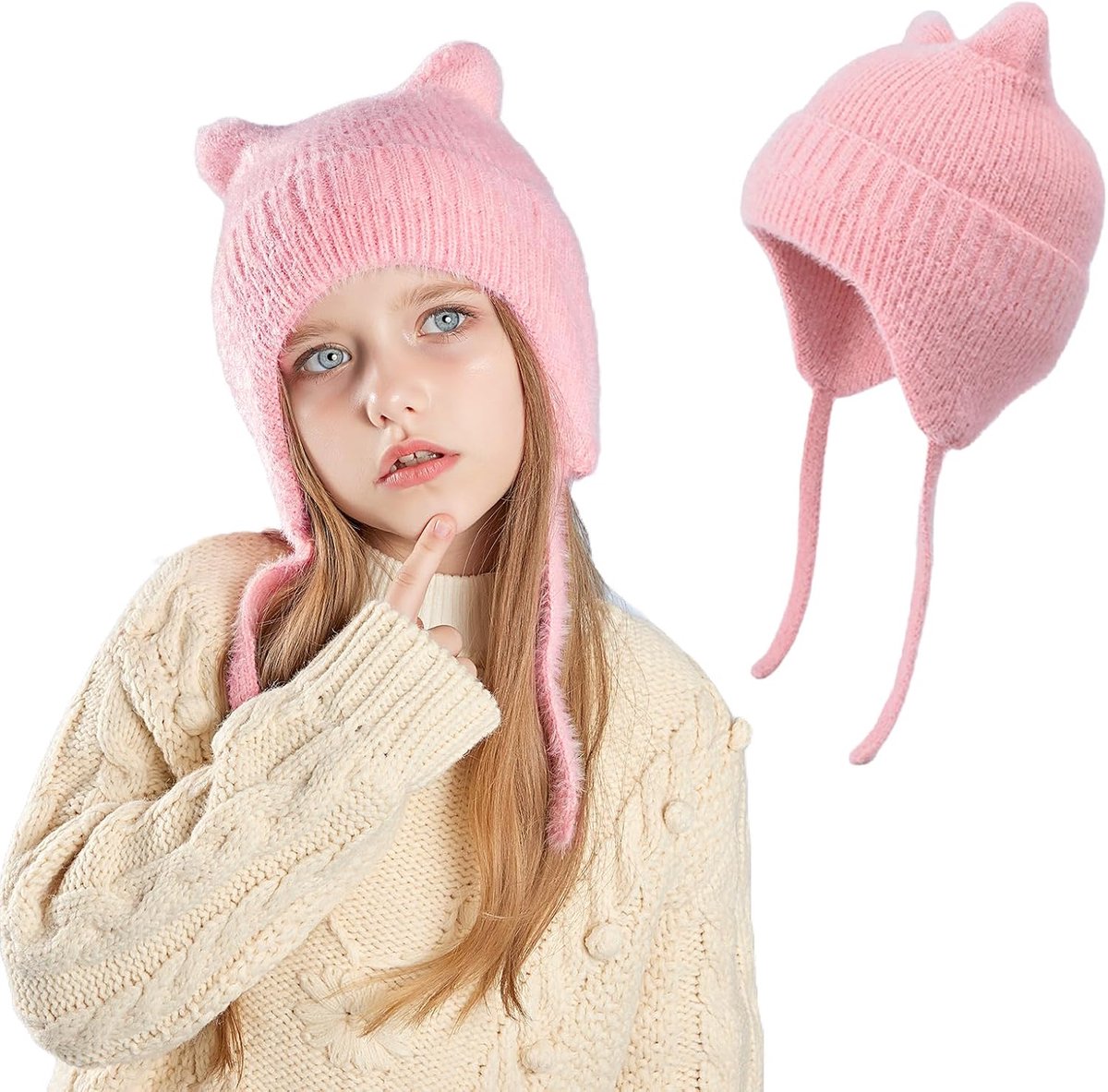 muts voor kinderen van 3-12 jaar, met kattenoren, oorkleppen, warm, winddicht, wintermuts, elastisch, comfortabele thermische muts, beanies, jongens, meisjes, outdoor-activiteiten
