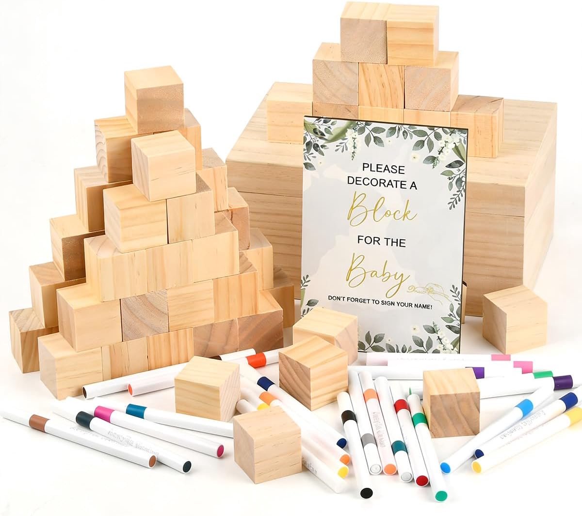 Houten dobbelstenen, set met 78 houten blokken voor knutselwerk, massief houten afbeeldingen, vierkante blokken, 52 DIY Cube in wit met 24 viltstiften en doos om te schilderen, tekenen