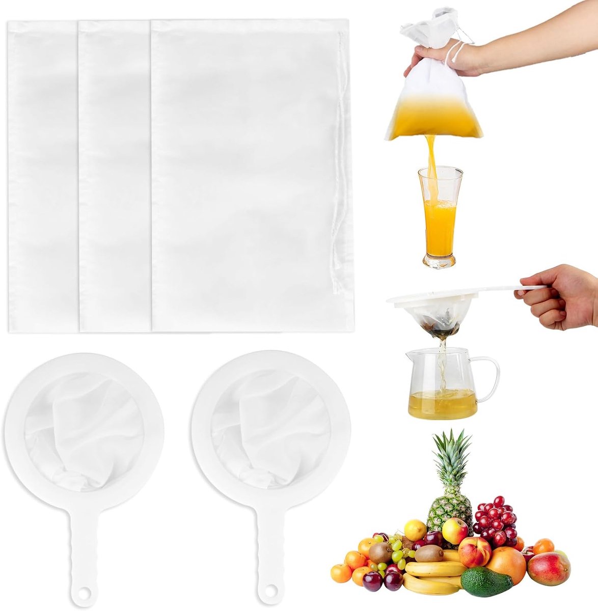 fijn, notenmelkzakken, 3 stuks passeerdoek, herbruikbaar, 20 × 30 cm, 2 stuks zeef keuken met handvat 200/400 mesh, geschikt voor notenmelk, kaas, koffie, yoghurt, sap